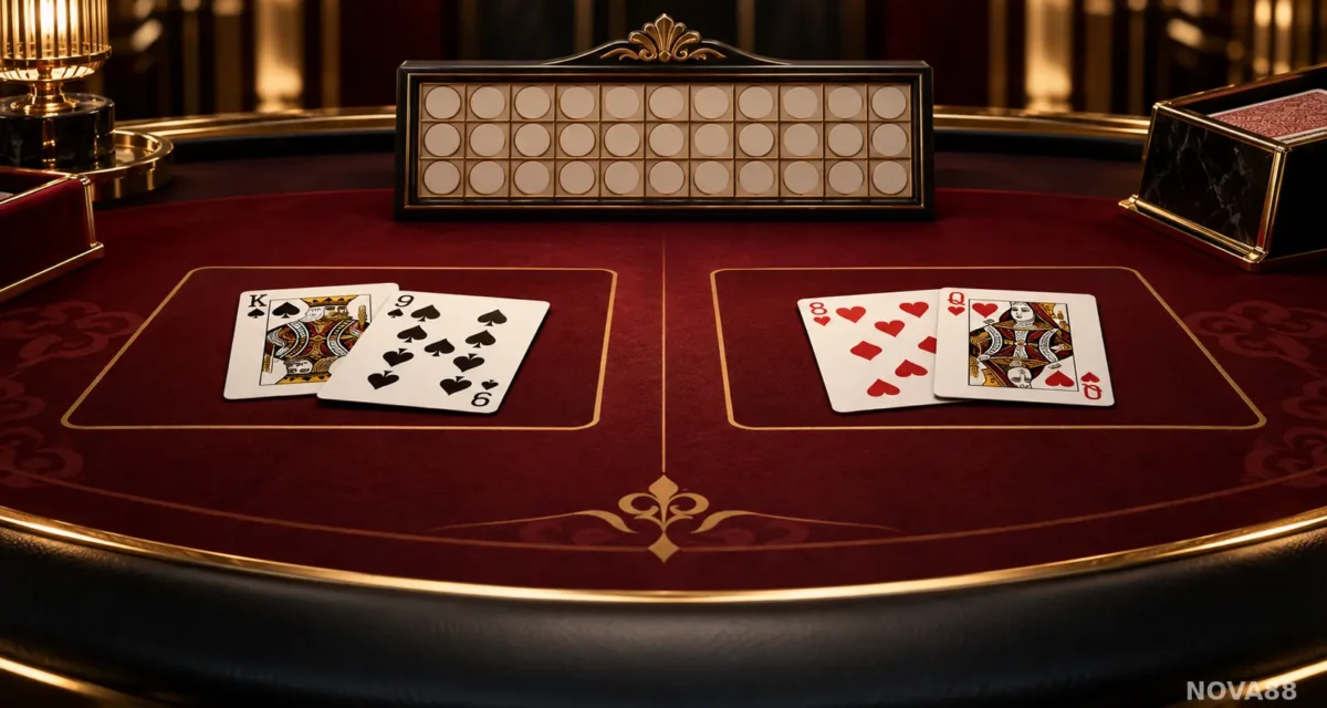 Bàn baccarat với các lá bài và bảng điểm trống, minh họa bài viết về luật và quản lý vốn