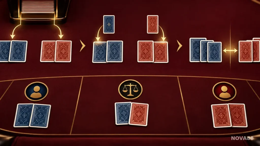 Minh họa luồng chia bài, xét ba cửa Player Banker Tie và so điểm baccarat