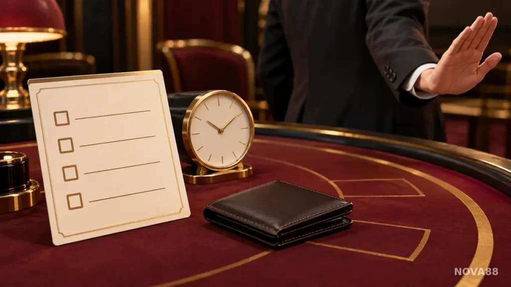 Đồng hồ, thẻ checklist và ví đóng minh họa việc đặt giới hạn phiên baccarat