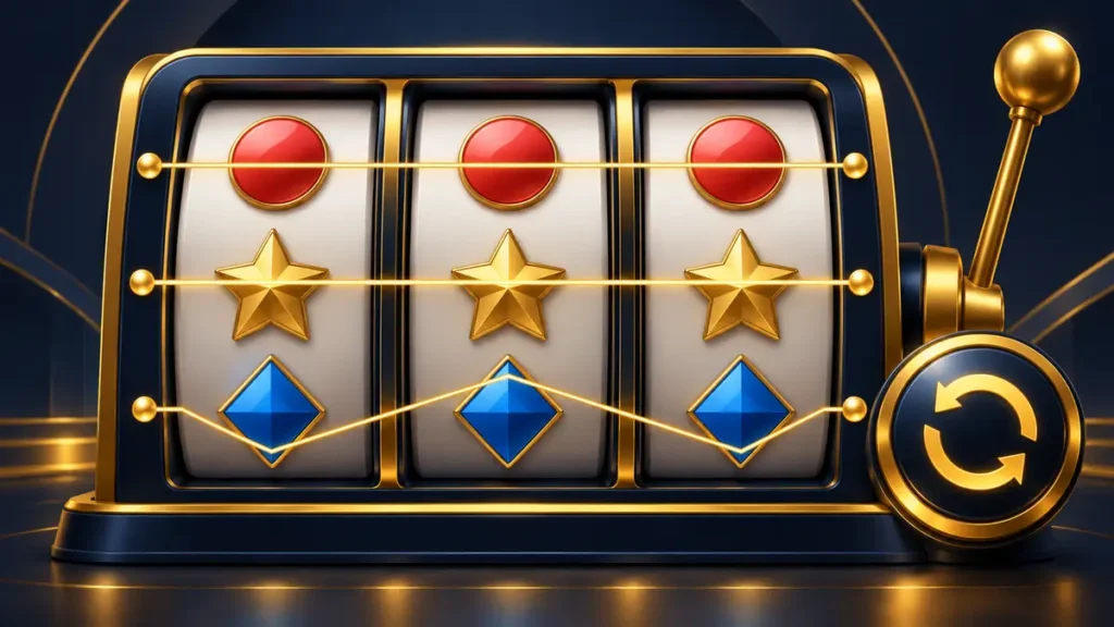Máy slot minh họa các cuộn biểu tượng và đường trả thưởng