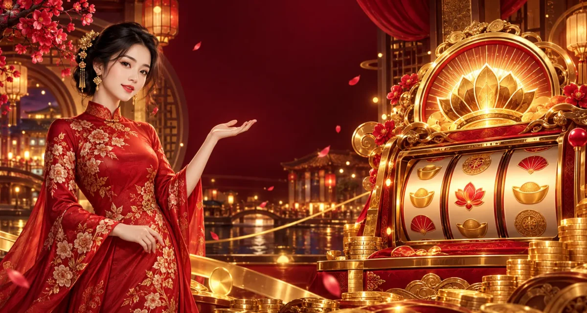 Nhân vật nữ áo dài đỏ giới thiệu máy slot jackpot màu đỏ và vàng