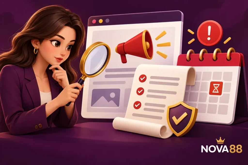 Nữ đại diện Nova88 dùng kính lúp đối chiếu tên miền, thông báo và lịch hết hạn của nội dung khuyến mãi.