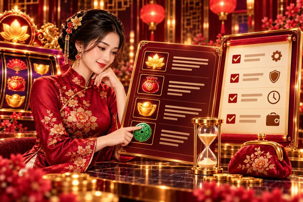 Nhân vật nữ áo dài đỏ xem bảng luật slot và checklist giới hạn thời gian