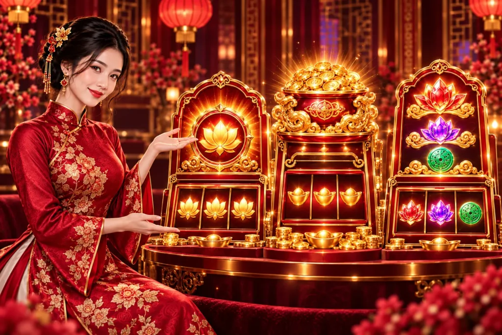 Nhân vật nữ áo dài đỏ minh họa các dạng jackpot slot cố định, lũy tiến và nhiều cấp