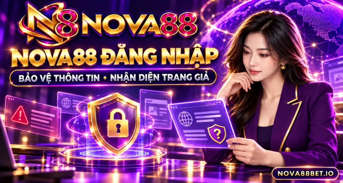 Nhân vật nữ minh họa nội dung Nova88 đăng nhập về bảo vệ thông tin và nhận diện giả mạo