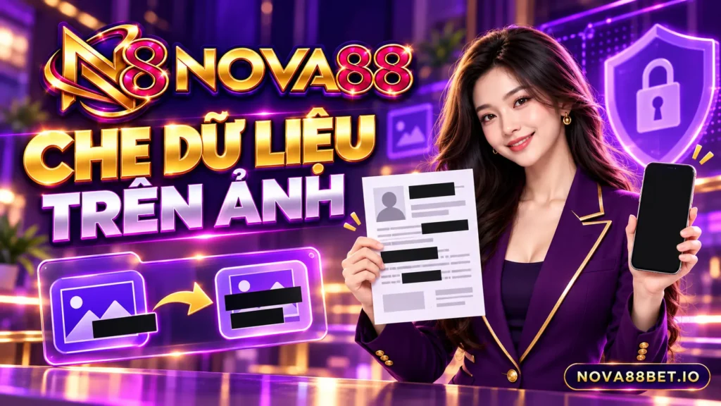 Nhân vật nữ minh họa che dữ liệu trên ảnh trong nội dung bảo vệ thông tin Nova88