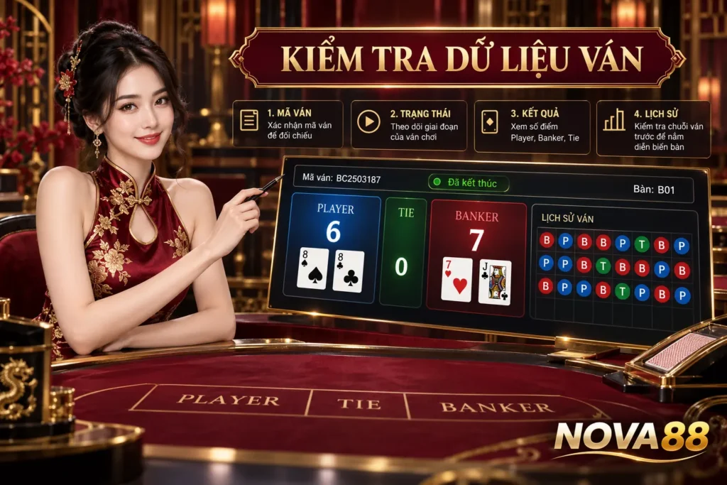 Nữ dealer Nova88 hướng dẫn kiểm tra dữ liệu ván baccarat