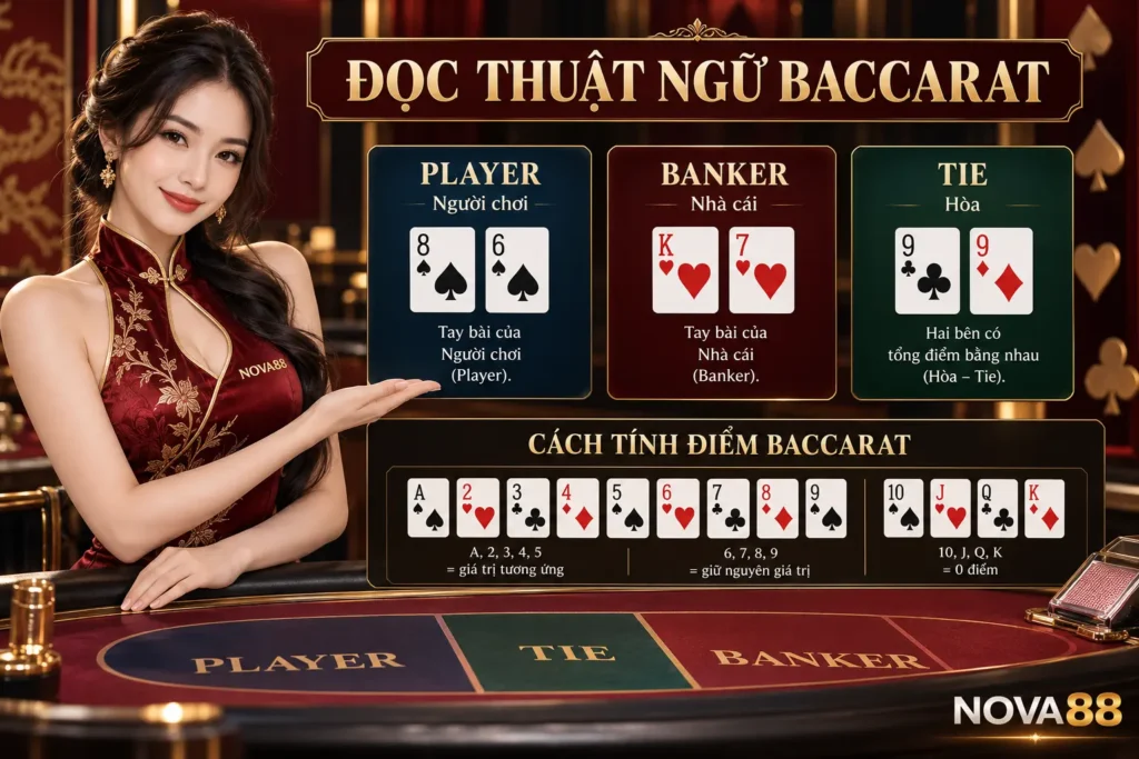 Nữ đại diện Nova88 minh họa thuật ngữ baccarat