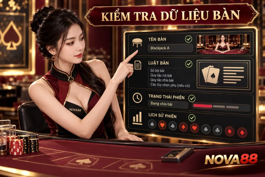 Nữ dealer Nova88 hướng dẫn kiểm tra dữ liệu bàn blackjack