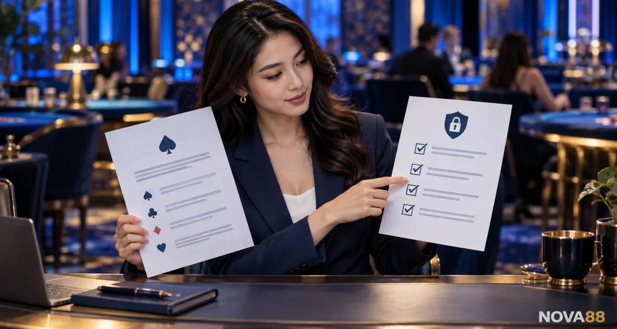 Nữ đại diện Nova88 giới thiệu cách đọc luật và thông tin bàn casino.
