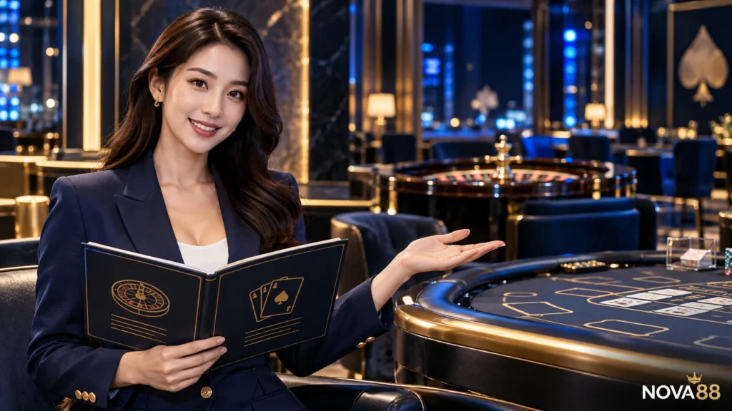 Nữ đại diện Nova88 minh họa các bước tìm hiểu danh mục, luật và dữ liệu.