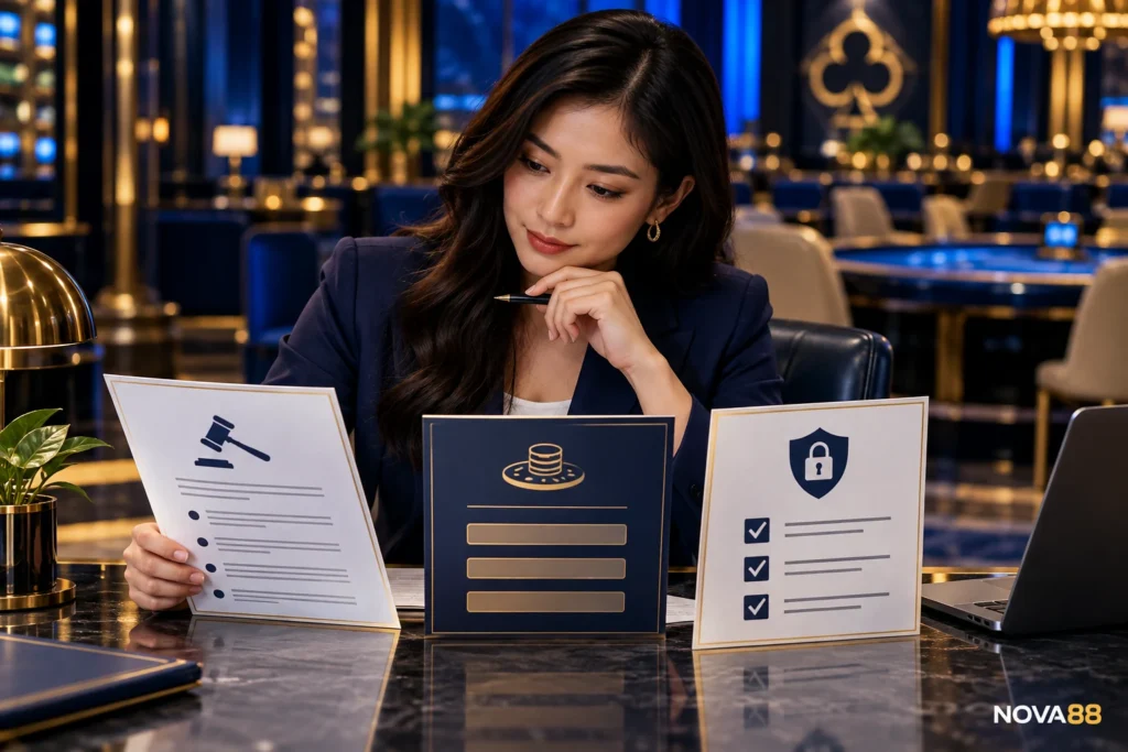 Nữ đại diện Nova88 xem xét tài liệu luật và điều khoản trước khi tham gia.