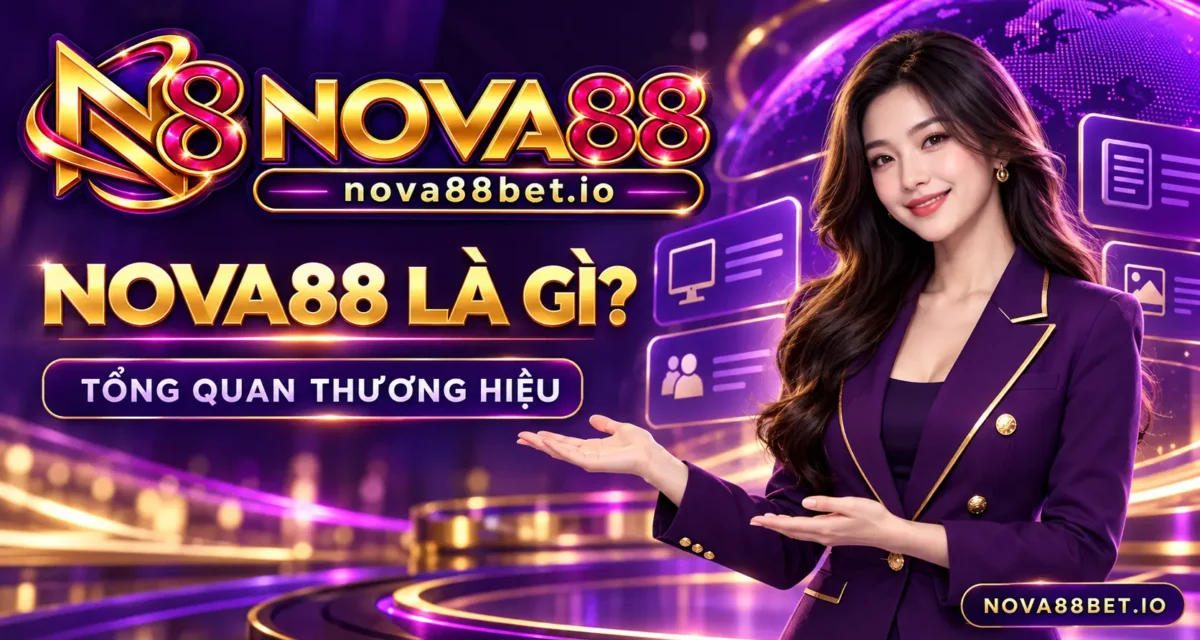 Nhân vật nữ giới thiệu thương hiệu Nova88 với logo và watermark NOVA88BET.IO