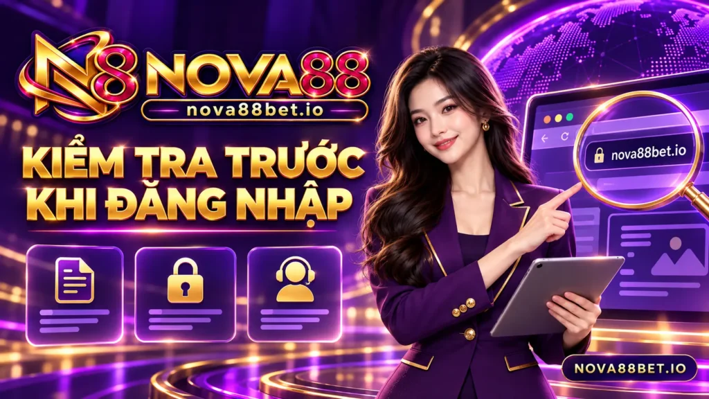 Nhân vật nữ kiểm tra địa chỉ và điều khoản trước khi đăng nhập Nova88