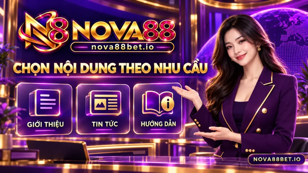 Nhân vật nữ minh họa cách chọn nhóm giới thiệu, tin tức và hướng dẫn trên Nova88