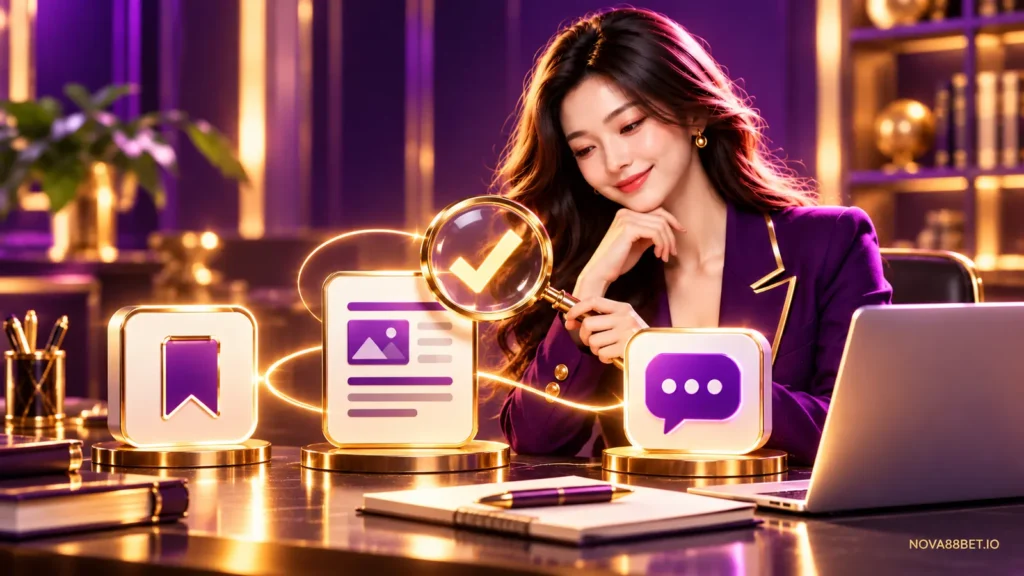 Minh họa đối chiếu trang thông tin, dấu trang và kênh hỗ trợ Nova88