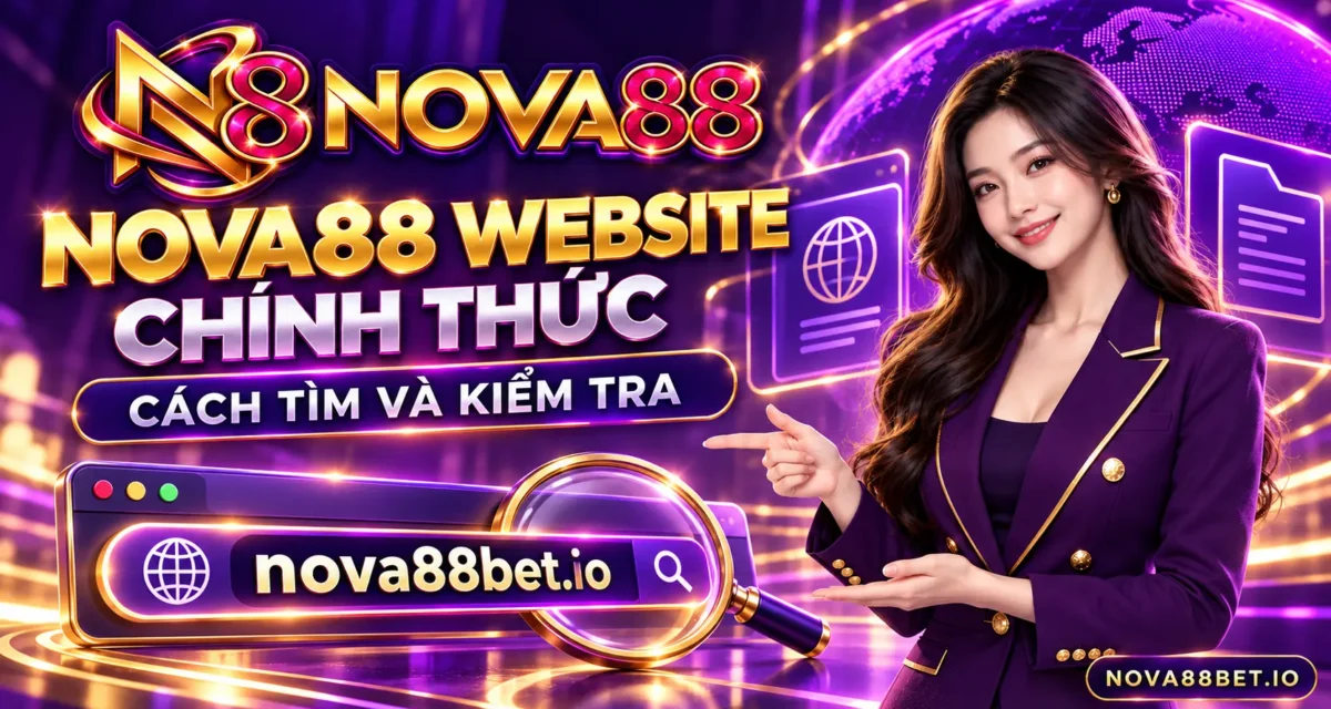Nhân vật nữ minh họa cách tìm và kiểm tra website Nova88 với watermark NOVA88BET.IO