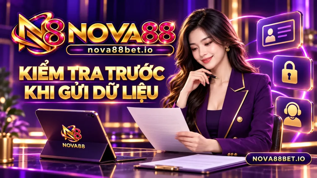 Nhân vật nữ kiểm tra điều khoản và chính sách dữ liệu trước khi sử dụng website Nova88