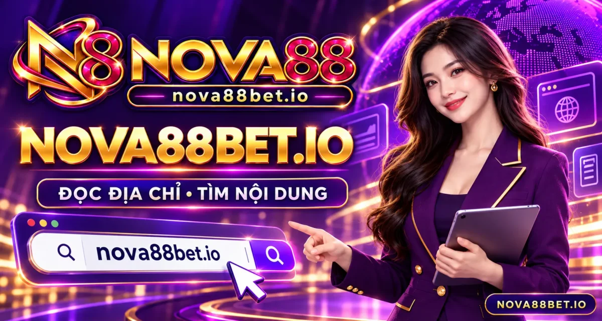 Nhân vật nữ giới thiệu tên miền nova88bet.io với logo Nova88 và watermark