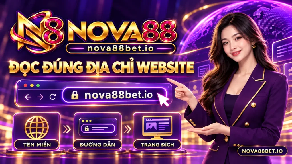 Nhân vật nữ minh họa cách đọc tên miền, đường dẫn và trang đích nova88bet.io