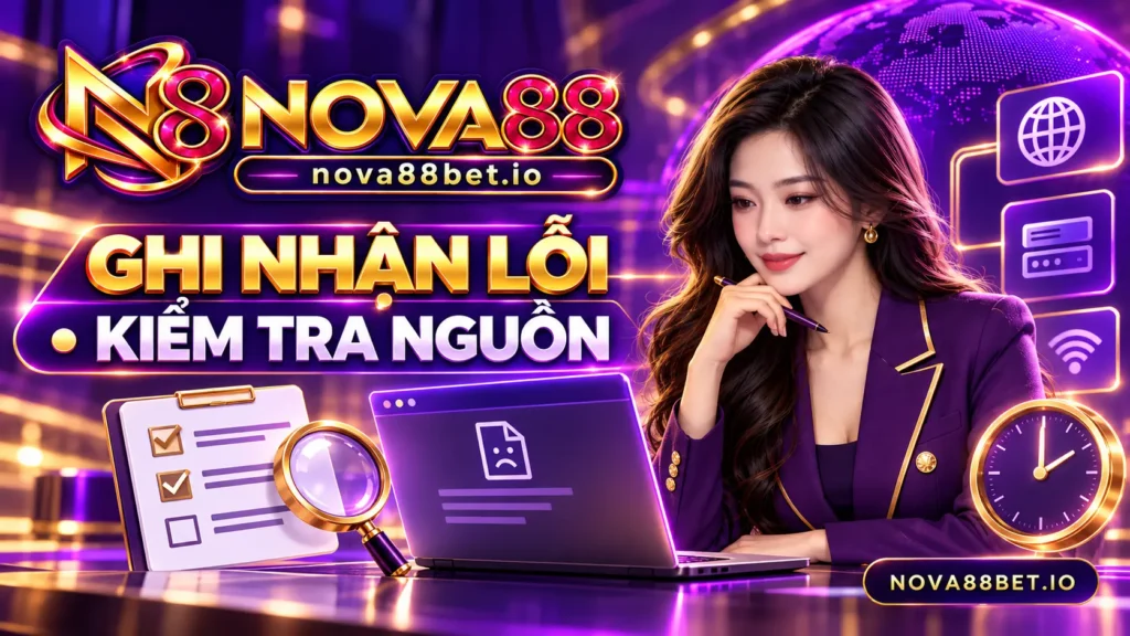 Nhân vật nữ ghi nhận lỗi và kiểm tra nguồn khi website nova88bet.io không mở được