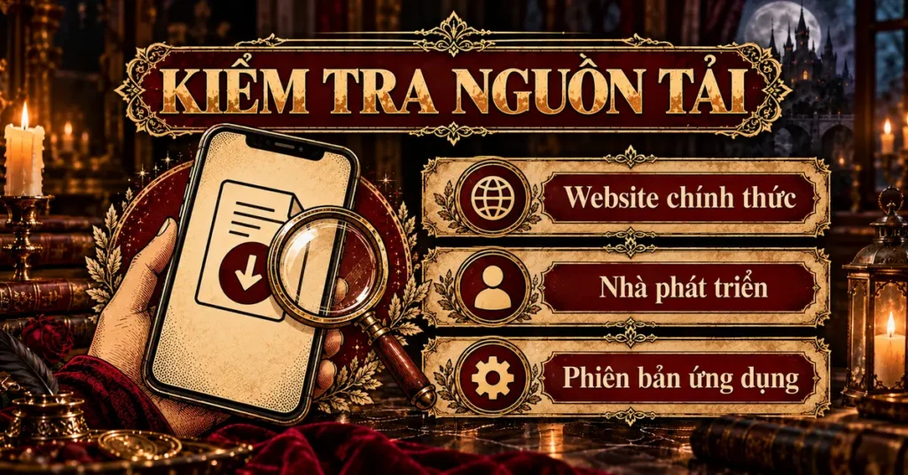 Minh họa ba điểm xác minh nguồn tải app: website, nhà phát triển và phiên bản ứng dụng