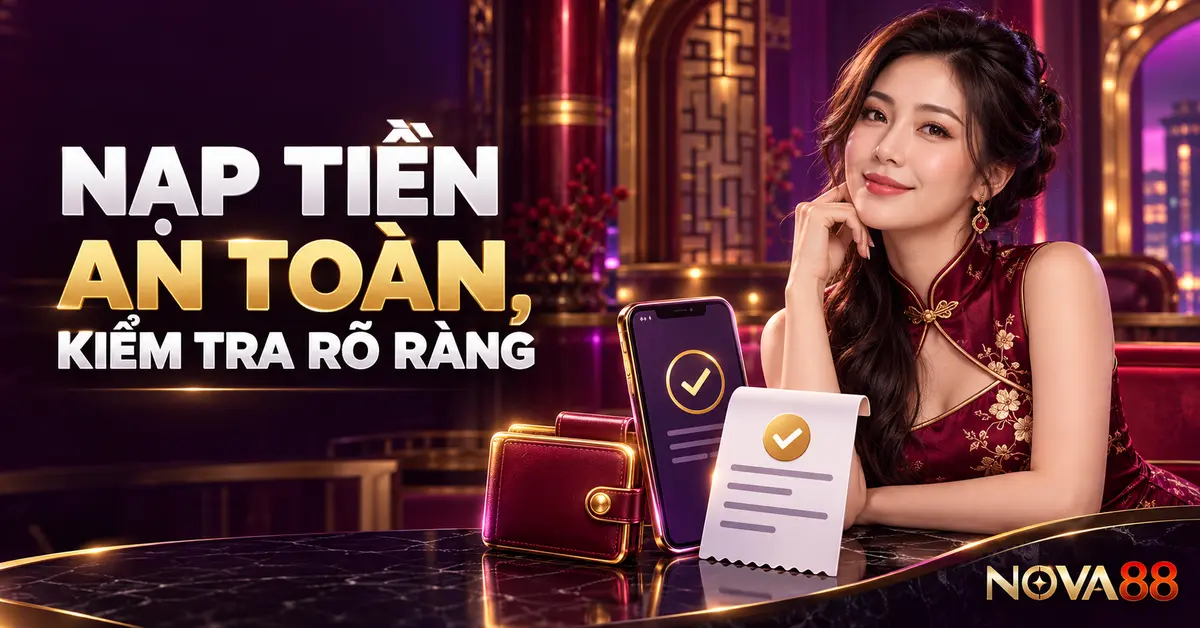 Bìa hướng dẫn nạp tiền Nova88 với điện thoại và biên nhận giao dịch