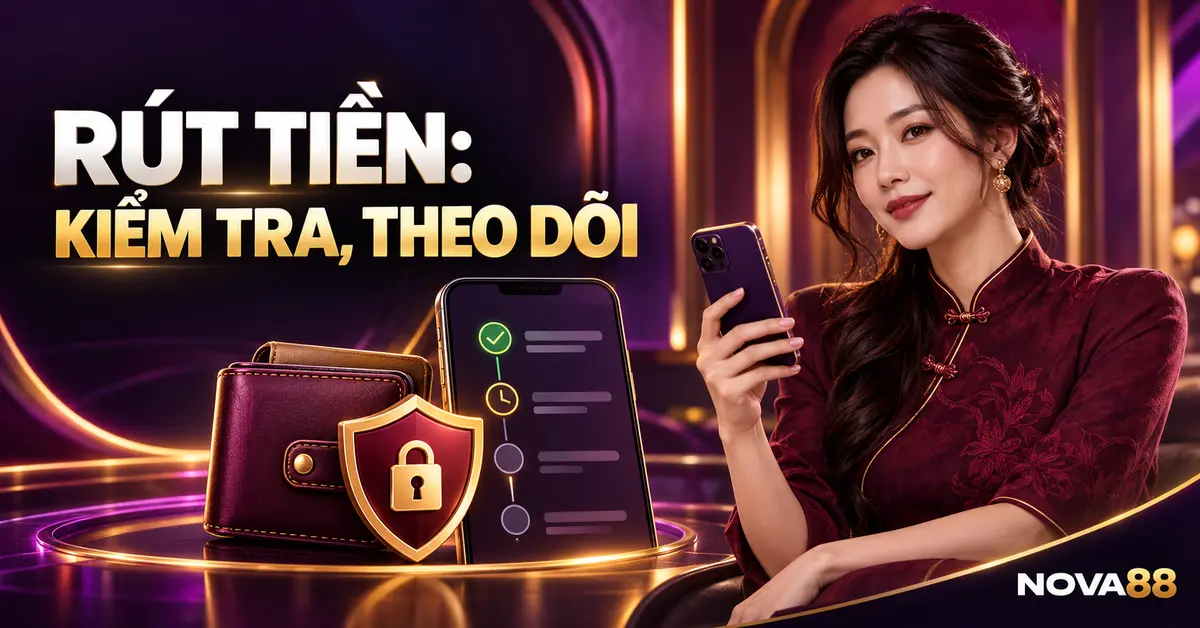 Bìa hướng dẫn rút tiền Nova88 với trạng thái yêu cầu và biểu tượng bảo mật