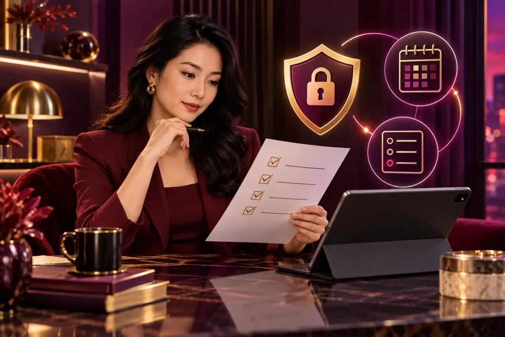 Checklist giấy tờ và biểu tượng bảo mật để xác minh yêu cầu rút tiền Nova88
