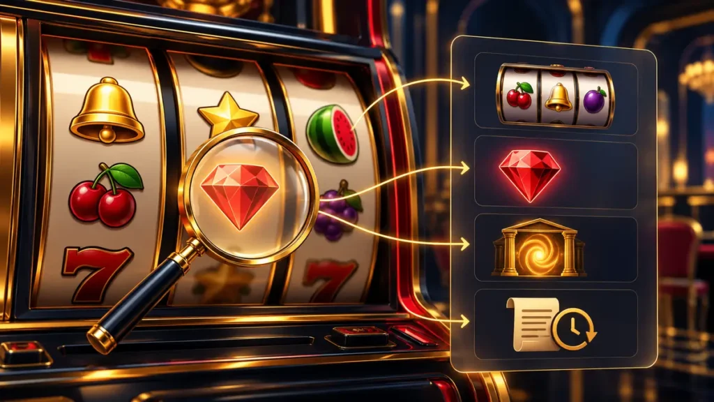 Kính lúp làm nổi bật biểu tượng trên cuộn slot cạnh bảng quy tắc minh họa các mục cần kiểm tra