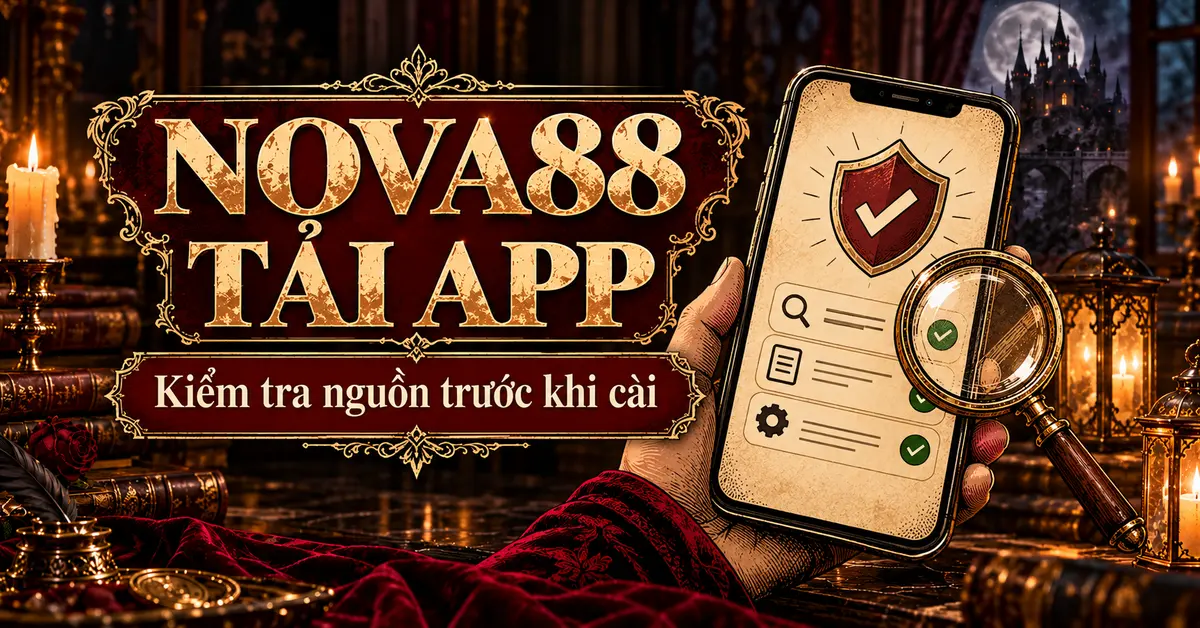 Ảnh bìa Nova88 tải app với hình điện thoại và checklist kiểm tra nguồn trước khi cài