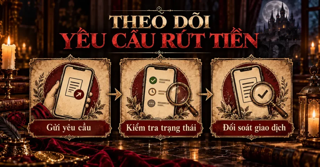 Ba bước theo dõi yêu cầu rút tiền: gửi yêu cầu, kiểm tra trạng thái và đối soát giao dịch