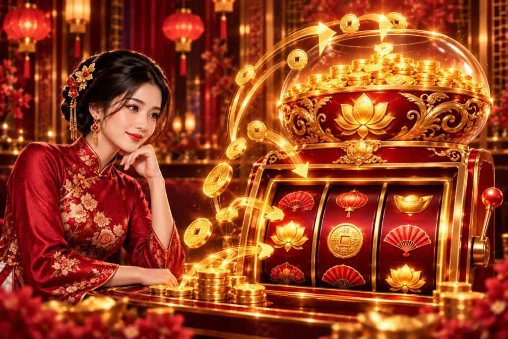 Nhân vật nữ áo dài đỏ bên máy slot với hũ lũy tiến được cộng dần