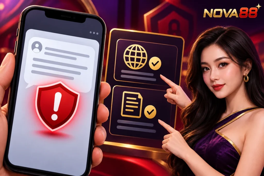 Nữ đại diện Nova88 kiểm tra tên miền, thông báo và thể lệ trên điện thoại bằng kính lúp.