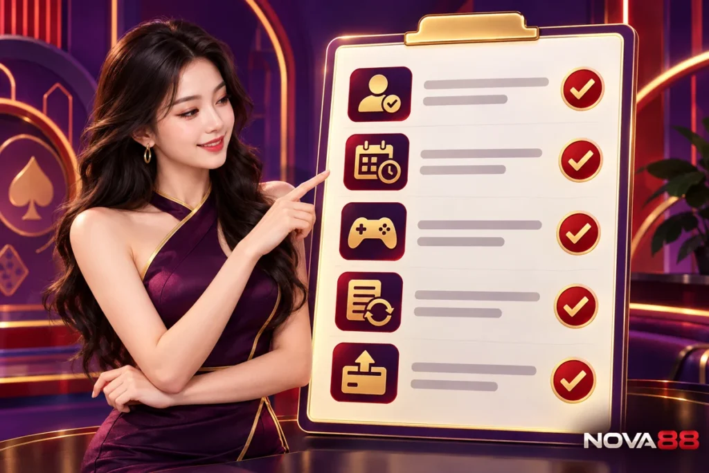 Nữ đại diện Nova88 minh họa cách rà điều kiện, thời hạn và đối tượng áp dụng trong thể lệ khuyến mãi.